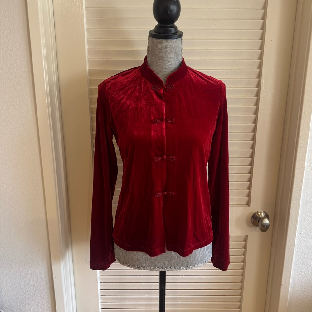 Vintage Carole Little red velour Asian inspired long sleeve blouse